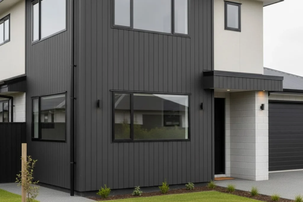 Close view of smooth plaster exterior wall completed through cladding Auckland expertise.